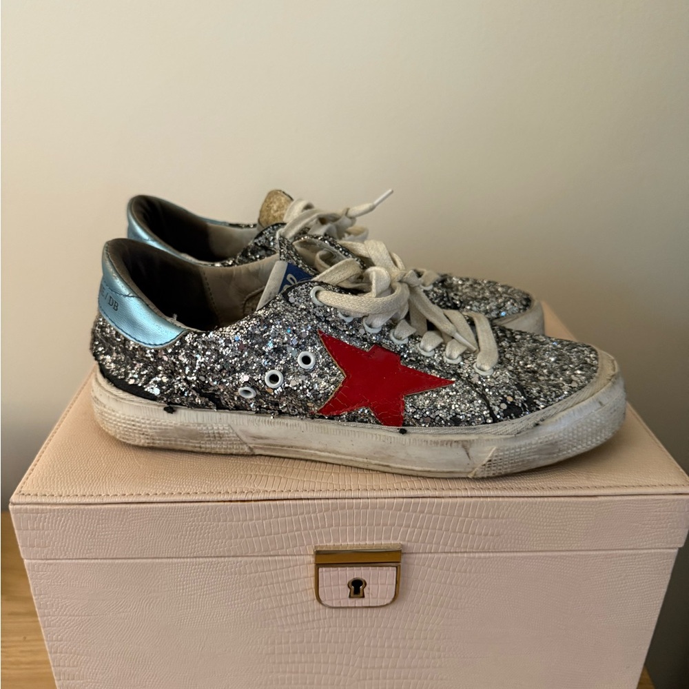 Golden Goose Silver and Red Sneakers